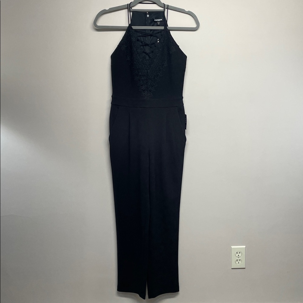 NWT Express Black Strappy Lace Front Straight Leg Jumpsuit XS